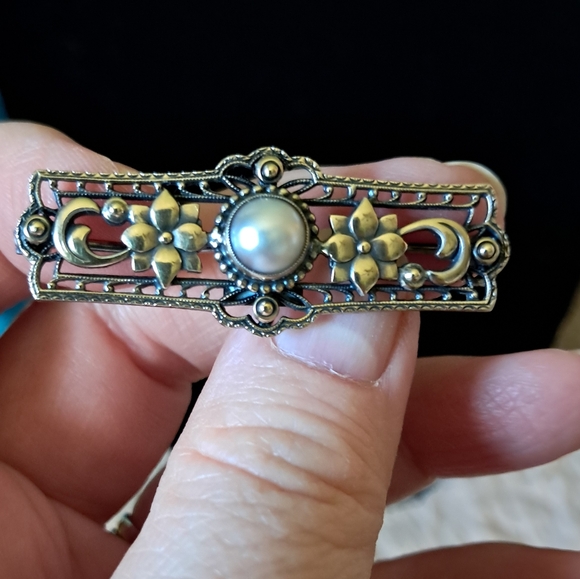 Vintage 14kt over Sterling Silver Symmetalic Floral Pearl Brooch - Picture 2 of 13